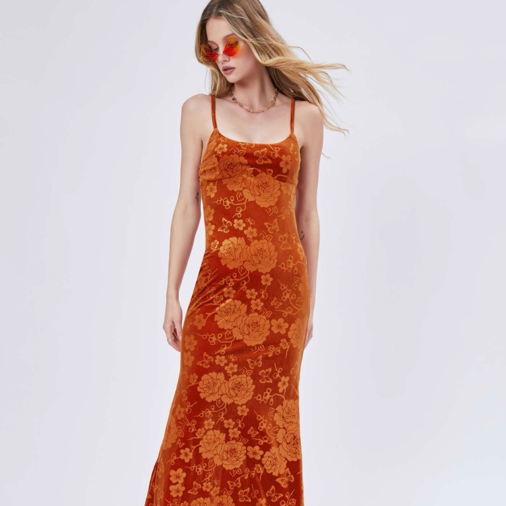 Elegant Floral Velvet Dress in Orange